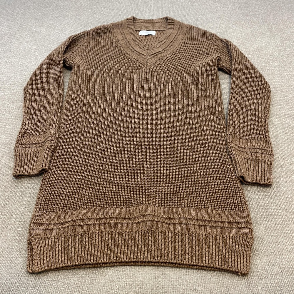 LA LIGNE Sweater Womens Large Brown V Neck Tunic Chunky Knit Merino Wool Italy